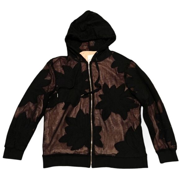 Avec Les Filles Black lac mesh overlay zip hood bomber jacket size XL - Picture 1 of 6